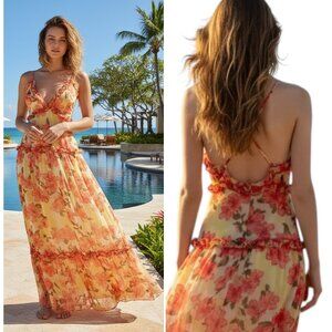 L'Atiste Chiffon Maxi Dress Wmn's Sz L Tiered Tropical Floral Babydoll Sundress
